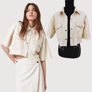 AllSaints Patty Cropped Denim Shirt Jacket Cream Size 0